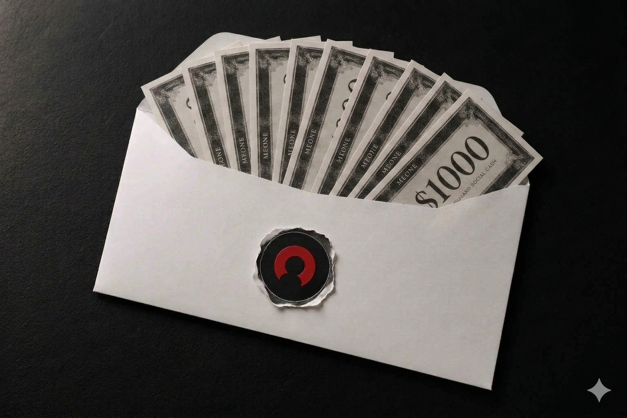 An envelope stuffed with fake thousand-dollar Social Cash bills, sealed with the Social Someone wax seal