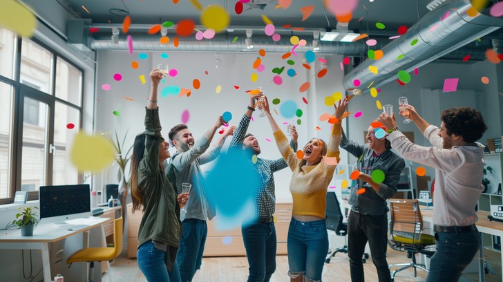 A team celebrating together in the office with confetti