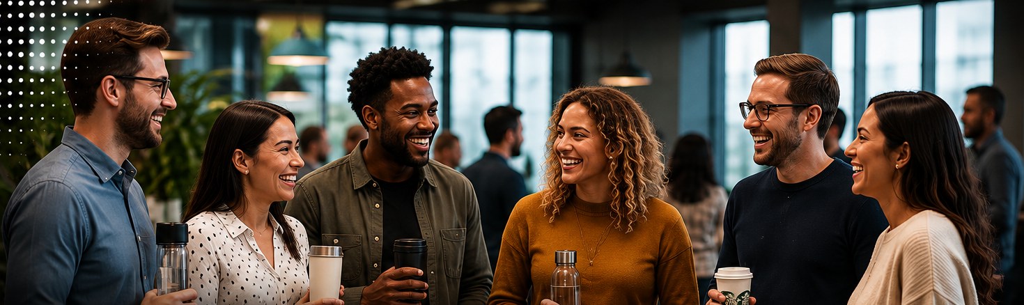 A team of coworkers chatting and laughing together over coffee