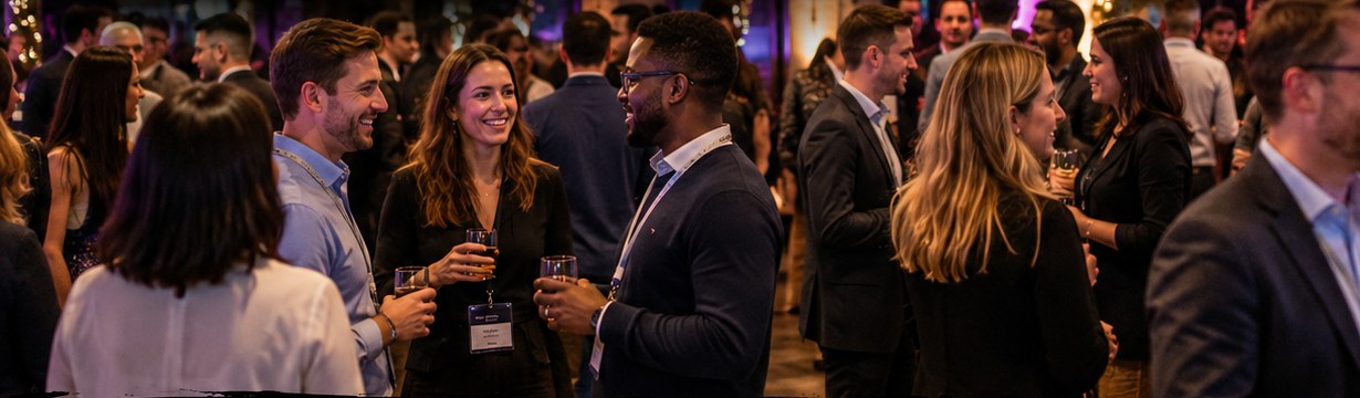 A room full of coworkers warming up and mingling at a social event